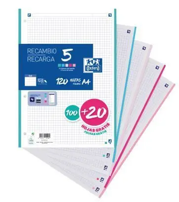 Recambio Oxford A4 5X5 120H 90Gr 5 Colores