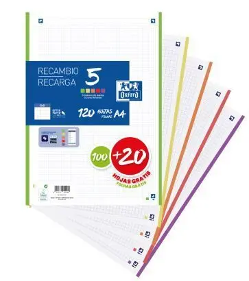 Recambio Oxford A4 5X5 120H 90Gr 5 Colores