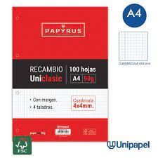 RECAMBIO A4 PAPYRUS 100H 90GR 4X4 CUADROS