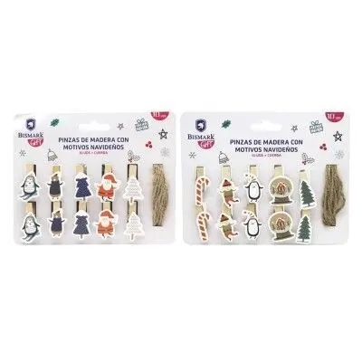 Pinzas de Madera Decoradas C/ Cuerda Navidad