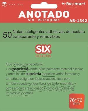 NOTAS ADHESIVAS 76X76MM TRANPARENTES VERDE FLUOR 50UD