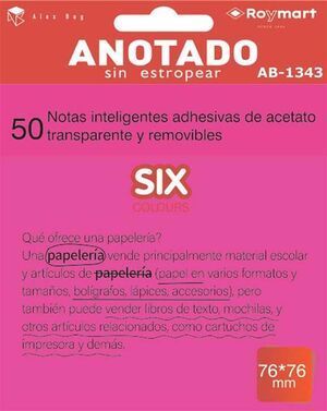 NOTAS ADHESIVAS 76X76MM TRANSPERENTE ROSA 50UD