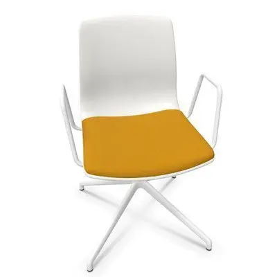 Silla Noom 50, Base 4 Radios Tapones, Carcasa Pp, Brazo Cerrado, Carcasa Blanco y Base Aluminio Blanco Tapizado M91 Mostaza