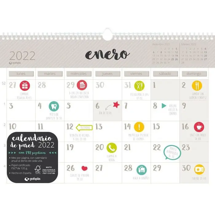 Calendario 2022 Pared A3 C/Pegatinas