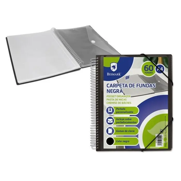 Carpeta A4 60 Fundas Espiral/Gomas Bismark Negro